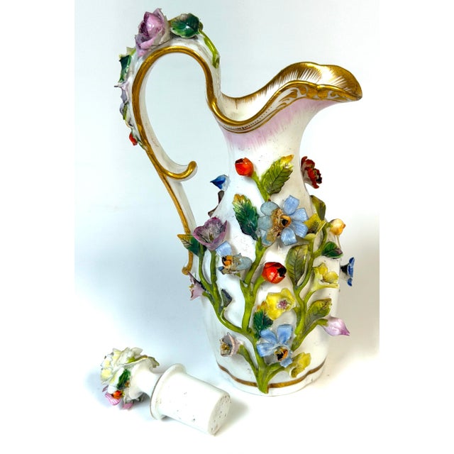 Meissen Applied Floral Porcelain Perfume Ewer Original Stopper, Germany, 1875 For Sale - Image 4 of 17
