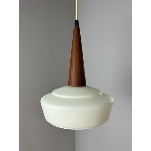 Hanging Lamp in Opal Glass and Teak For Sale - Image 4 of 11