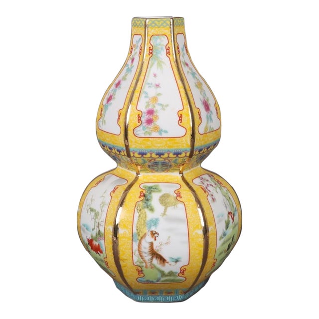 Mid 20th Century Famille Jaune Porcelain Double-Gourd Vase With Zodiac Motifs For Sale
