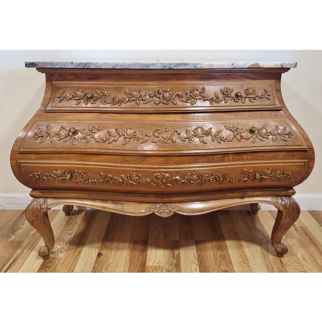 French Provincial Antique French Country Louis XV Style Carved & Marble Top Bombay Chest For Sale - Image 3 of 16