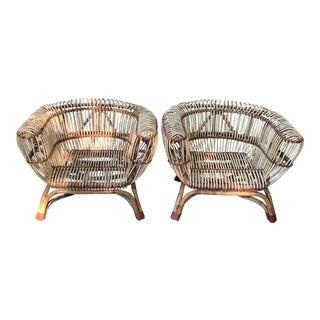 Modern Franco Albini Style Rattan Club Chairs - a Pair For Sale