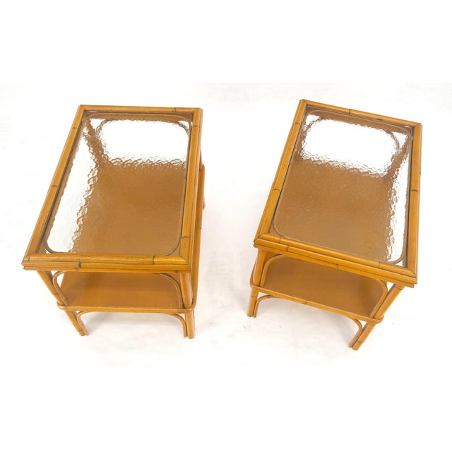 Wood Pair c1970s Bamboo Rattan Two Tier Rippled Glass Top Rectangle End Side Tables For Sale - Image 7 of 14