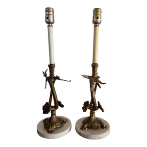 Brass & Marble Floral Lamps/Pair