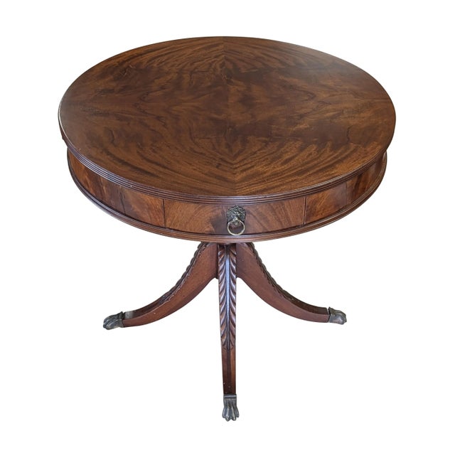 By Imperial Furniture, Vintage, Mahogany, Georgian Style, Drum Table, 2 Drawers, Round Top, Lionhead hardware, Quad foot...