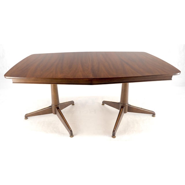 Mid-Century Modern Walnut Boat Shape Double Tripod Bases One Extension Leaf Board Dining Table For Sale - Image 3 of 6