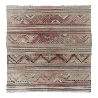 Square Vintage Turkish Kilim Rug Zigzag Motif Multicolor Wool Flatweave For Sale
