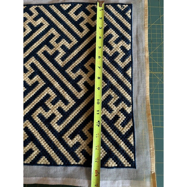 1970s Geometric Needlepoint Navy Blue and Cream Finished Canvas For Sale - Image 6 of 7