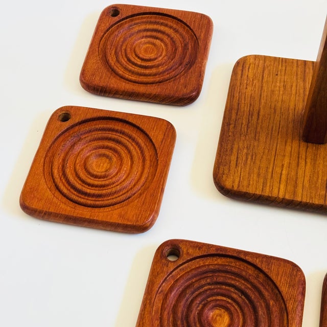 Mid Century Teak Hanging Coaster Set - Set of 6 Coasters With Holder - 1970s For Sale - Image 11 of 14