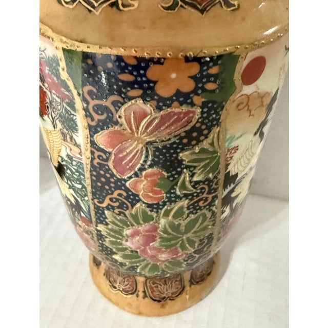 Vintage Chinese Satsuma Moriage Vase Hand Painted Cranes Floral Gold Gilt Set For Sale - Image 6 of 12