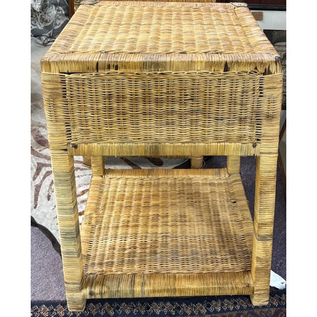 Beige Mid Century Campaign Style Wicker Nightstands, End Tables For Sale - Image 8 of 9