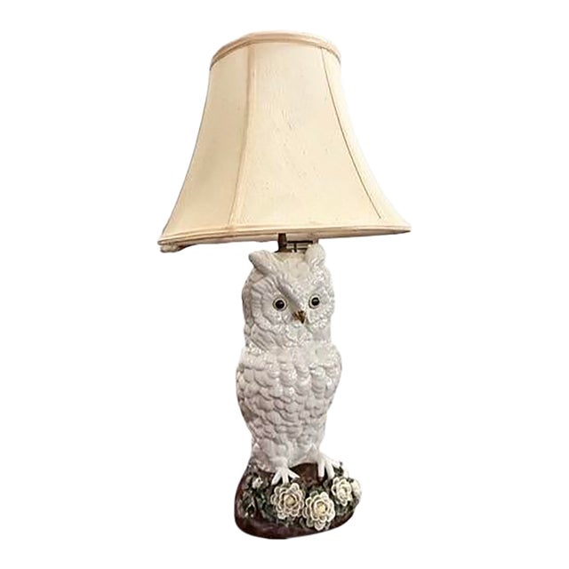 Vintage Majolica Owl Lamp Made in Italy by Mottahedeh Including Shade For Sale