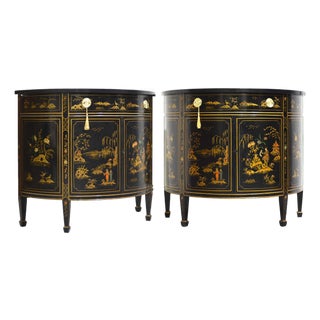 Mid Century French Chinoiserie Leather Top DemiLune Commode - A Pair For Sale