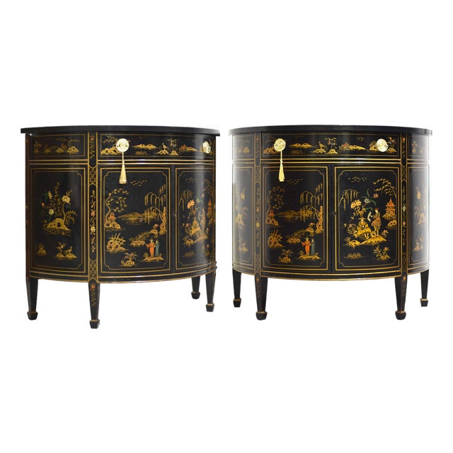 Mid Century French Chinoiserie Leather Top DemiLune Commode - A Pair For Sale