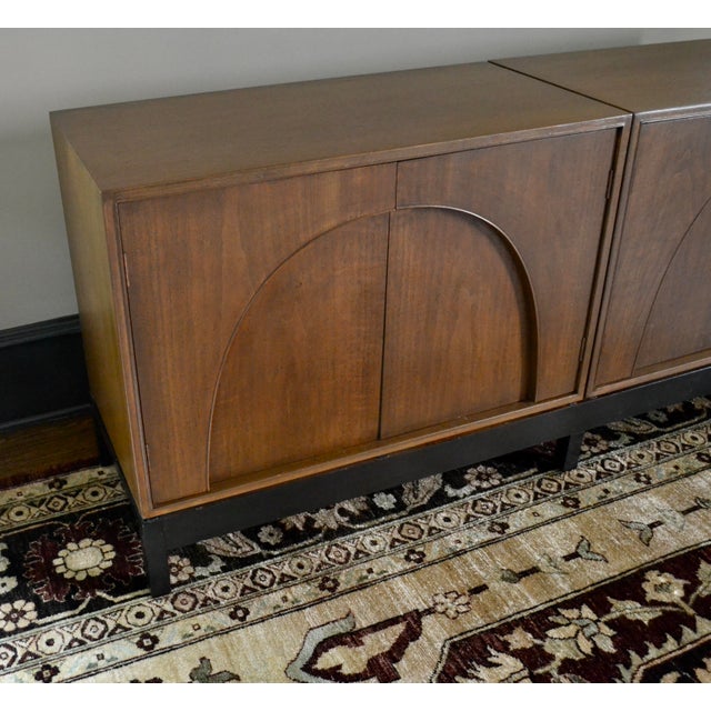 Unique mid century 3 part component credenza with arch door detail reminiscent of Robsjohn Gibbings arch coliseum...