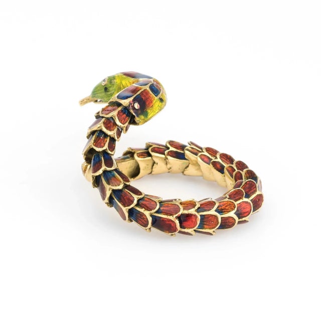 Vintage Snake Ring 18 Karat Gold Enamel Flexible Estate Fine Jewelry Scales size 10 For Sale - Image 4 of 7