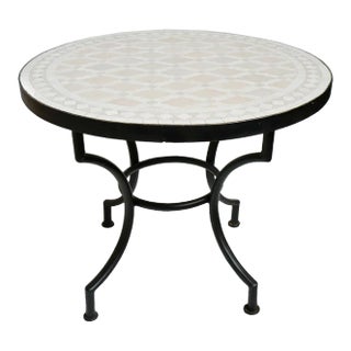 Outdoor White & Sand Round Mosaic Side Table For Sale