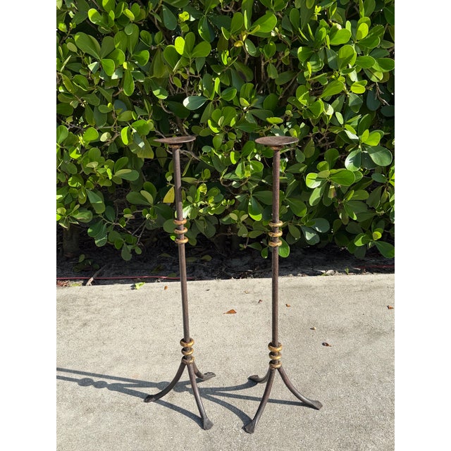 Late 20th Century Vintage 30” Sculptural Iron Candlesticks With Aged Patina, Pair For Sale - Image 5 of 12