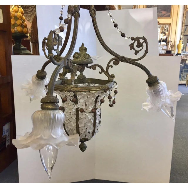 Shabby Chic Early 1900's Gothic Style Glass and Bronze Flower Chandelier For Sale - Image 3 of 11