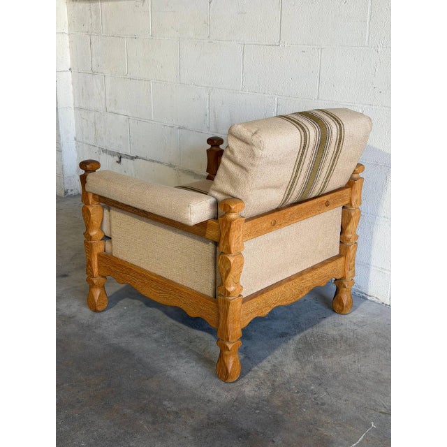 In Style of Henning Kjærnulf Oak Lounge Chair With Striped Upholstery Danish Mid-Century Modern 1970s For Sale - Image 4 of 9