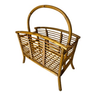 Vintage Bent Bamboo & Rattan Magazine Rack With Hand-Braided Wicker, Mid-Century For Sale