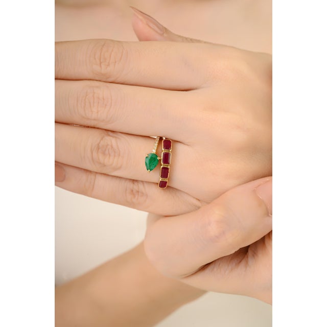 14k Gold Natural 1.59 Ct Ruby Emerald Birthstone Duet Modern Bypass Ring Size 5.5 For Sale In New York - Image 6 of 14