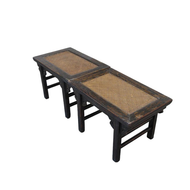 These 19th century accent tables feature a rectangular design made from solid elm with a dark finish and light brown inset...