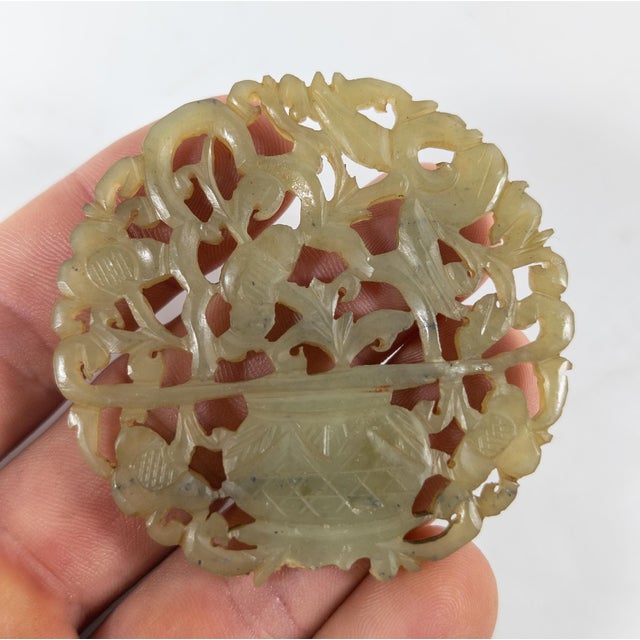 19th Century Chinese Carved Dark Celadon Green Jade Pendant Plaque For Sale - Image 10 of 12