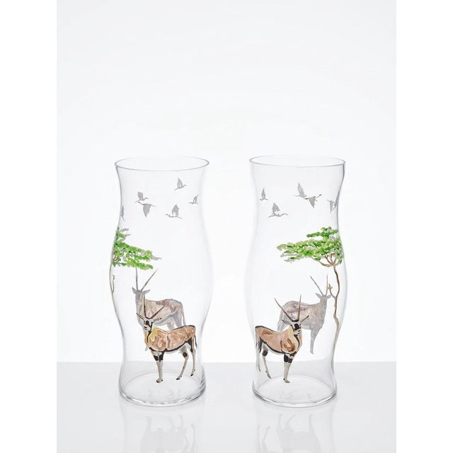 Pair of Glass Hand-Painted African Wildlife Hurricane For Sale - Image 4 of 12