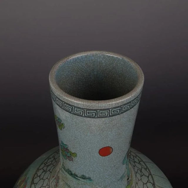 1900 - 1909 Chinese Vintage Porcelain Vase Qing Dynasty Qianlong Marked Crackle Glaze Famille Verte Porcelain Tianqiu Vase Hand Painted Figures Pattern For Sale - Image 5 of 8
