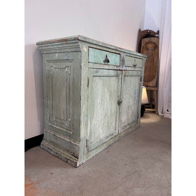 Late 19th Century Antique French Painted Pine Buffet, Sage Green Patina, Two-Door Sideboard, 50.5"w For Sale - Image 5 of 9