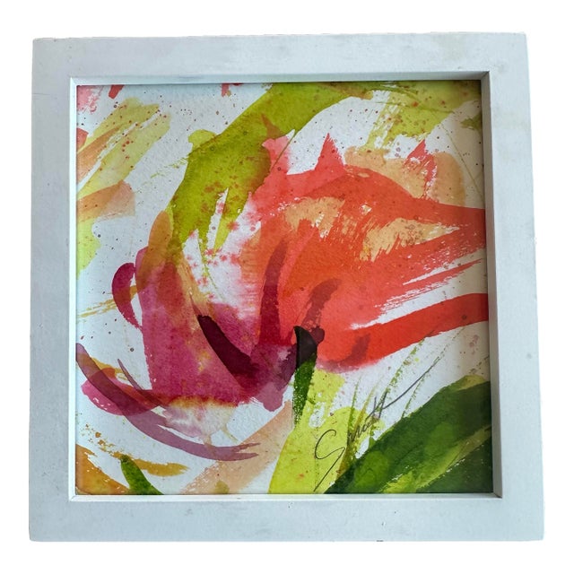 Vibrant Abstract Floral Watercolor in White Frame For Sale