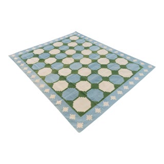 Handmade Cotton Flat Weave Reversible Box Pattern Sky Blue and Forest Green Area Rug - 10'x14' For Sale