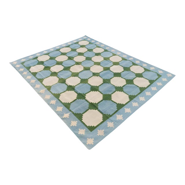 Handmade Cotton Flat Weave Reversible Box Pattern Sky Blue and Forest Green Area Rug - 10'x14' For Sale
