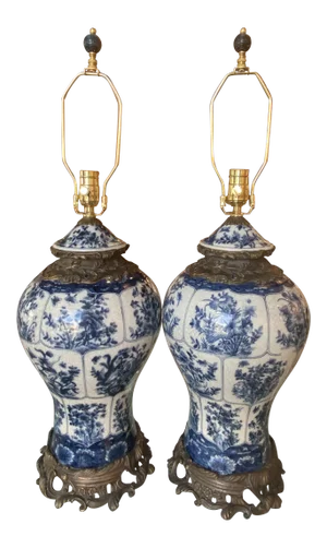 Vintage Large Blue & White Porcelain Ginger Jar Newly Wired Table Lamps -A Pair