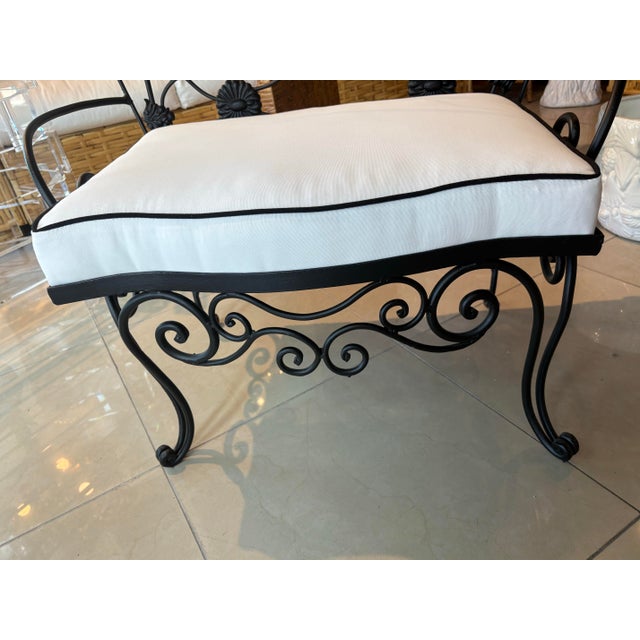 Vintage Wrought Iron Garden Patio Bench Stool Newly Upholstered Powder-Coated For Sale - Image 10 of 12