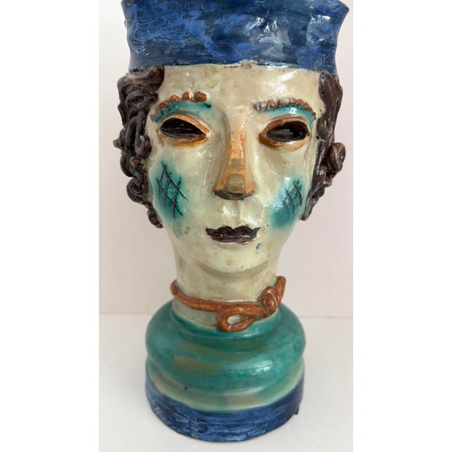 Rare Pair of Cantagalli Florence Renaissance Revival Majolica Figural Head Vases, Italy, Late 19th Century For Sale - Image 9 of 12