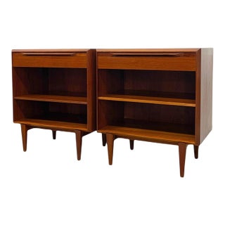 Vintage Danish Mid-Century Modern Teak Nightstands or Bedside Tables With Drawer and Adjustable Open Shelves - Pair For Sale