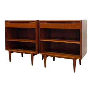 Vintage Danish Mid-Century Modern Teak Nightstands or Bedside Tables With Drawer and Adjustable Open Shelves - Pair