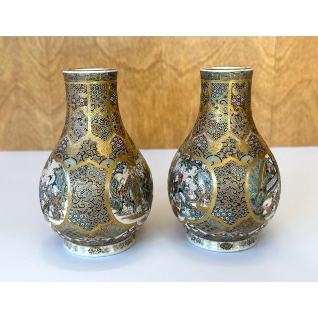 Pair of Fine Miniature Satsuma Vase with Moriage Enamel Decoration by Seikozan For Sale - Image 4 of 12