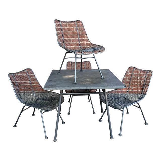 Mid 20th Century Russell Woodard Syle Sculptura Wire Patio Dining Set With Slate Top Table For Sale
