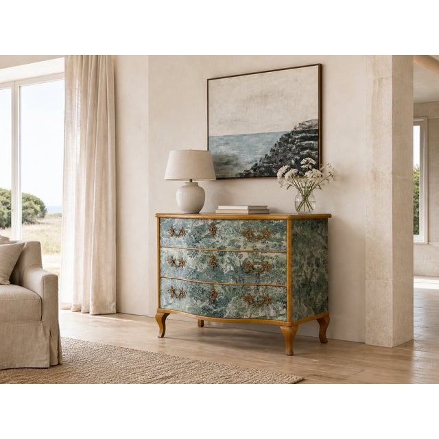 Vintage dresser covered with GP & J Baker- Ramayana Emerald Green. Original brass handles. This piece is designed in the...