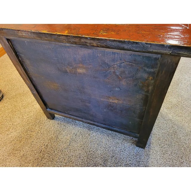 Chinese Antique Chinese Red Three Drawer, Two Door Cabinet Buffet For Sale - Image 3 of 10