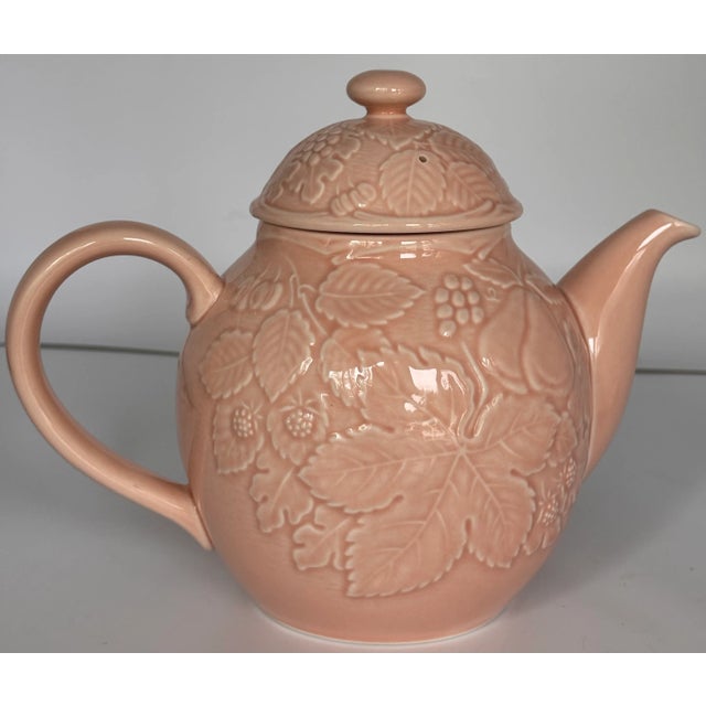 Ceramic LastCHANCE!Majolica Style Blush Pink Woodland Berry and Fruit Motif Tea Pot After Bordallo Pinheiro For Sale - Image 7 of 10
