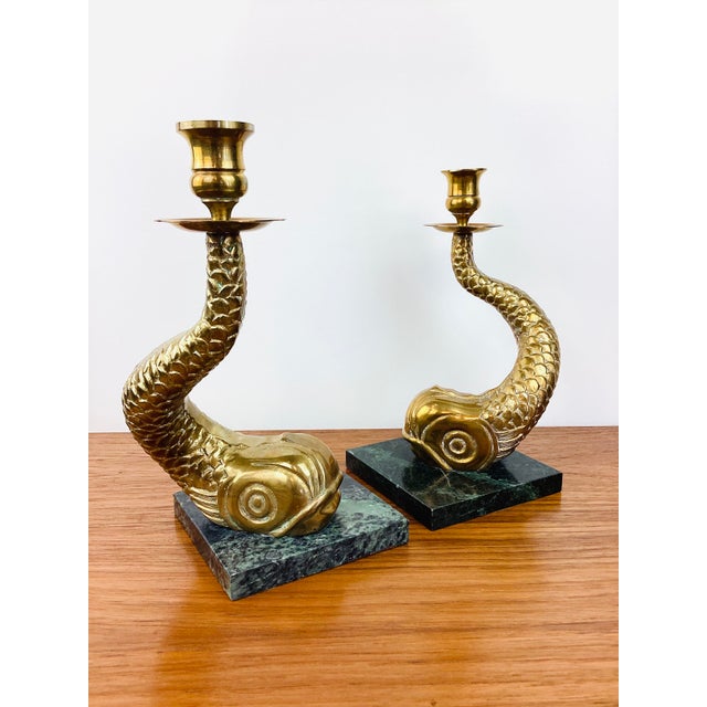 Brass Vintage Antique Dolphin / Fish Brass & Marble Pair of Candle Holders For Sale - Image 8 of 8