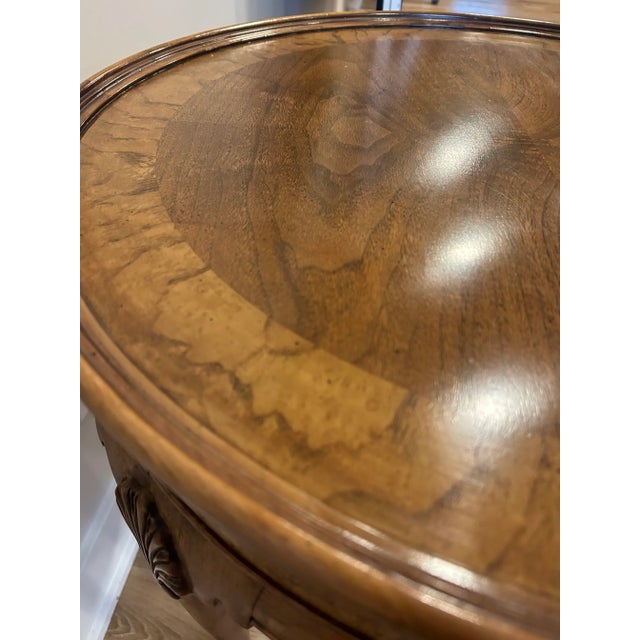 Vintage Baker Furniture Queen Anne Burl Walnut Round Accent Table | Georgian Style Carved Shell Side Table With Drawer For Sale - Image 12 of 12