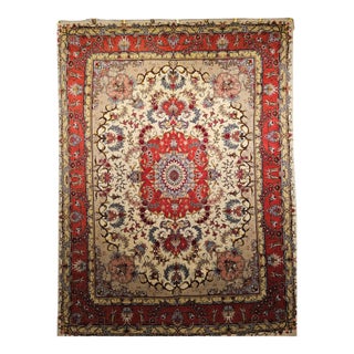 Vintage Persian Tabriz Area Rug, Hand-Knotted Wool & Silk, Floral Pattern, Ivory & Salmon, 5x7 For Sale