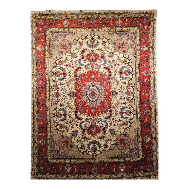 Vintage Persian Tabriz Area Rug, Hand-Knotted Wool & Silk, Floral Pattern, Ivory & Salmon, 5x7 For Sale