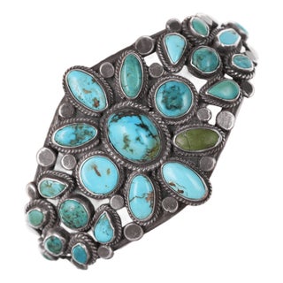 6 7/8" 30's-40's Navajo Silver Turquoise Cluster Bracelet For Sale