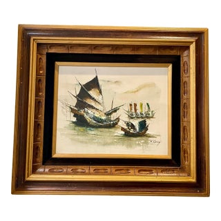 Vintage Boats at Sea by P. Wong For Sale