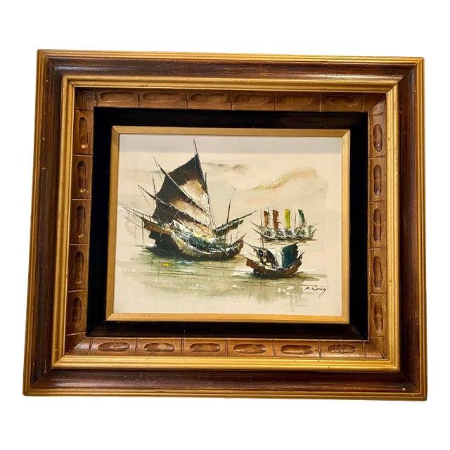 Vintage Boats at Sea by P. Wong For Sale